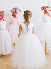 Floor Length Satin Tulle Flower Girl Dress By Amalee Couture